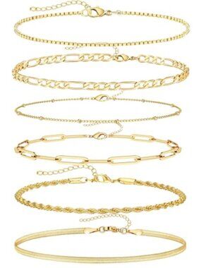 6Pcs Minimalist 14K Gold Chain Bracelet Set for Women Stackable Link‎ Chain